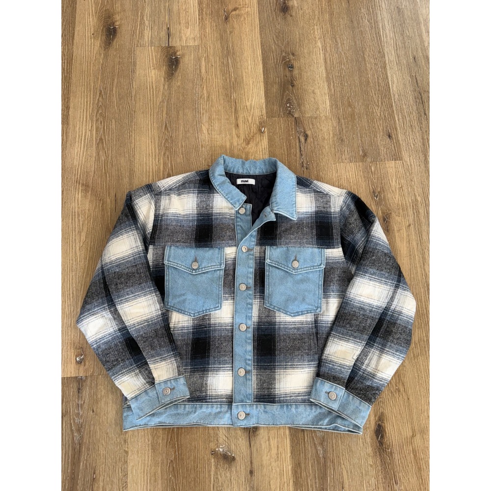 Mavi Gorpcore Plaid Denim Mix Shacket Women Large Blue Black Quilted Padded